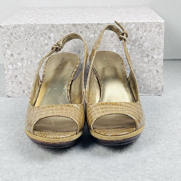 Nine West Sharina Heels Womens 8M Gold Croc Slingback Peep Toe Platform Dress - Picture 6 of 12